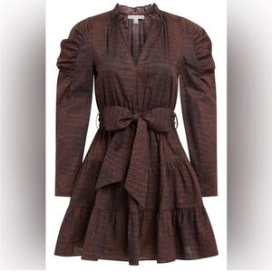 Woven Tiered Long-Sleeve Belted Dress in Brown